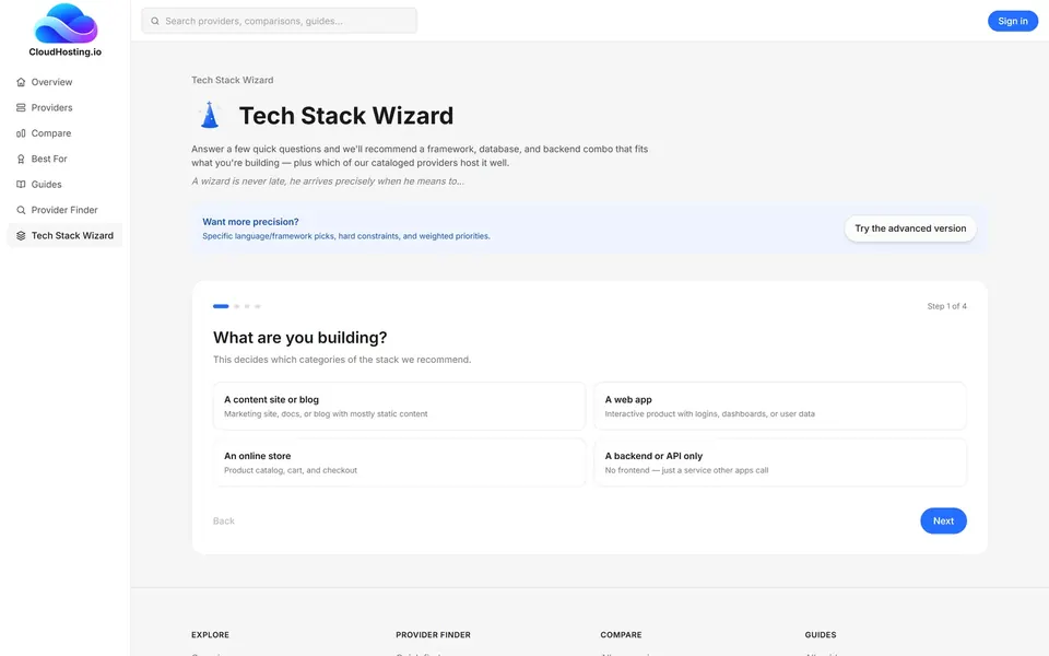 CloudHosting Tech Stack Wizard