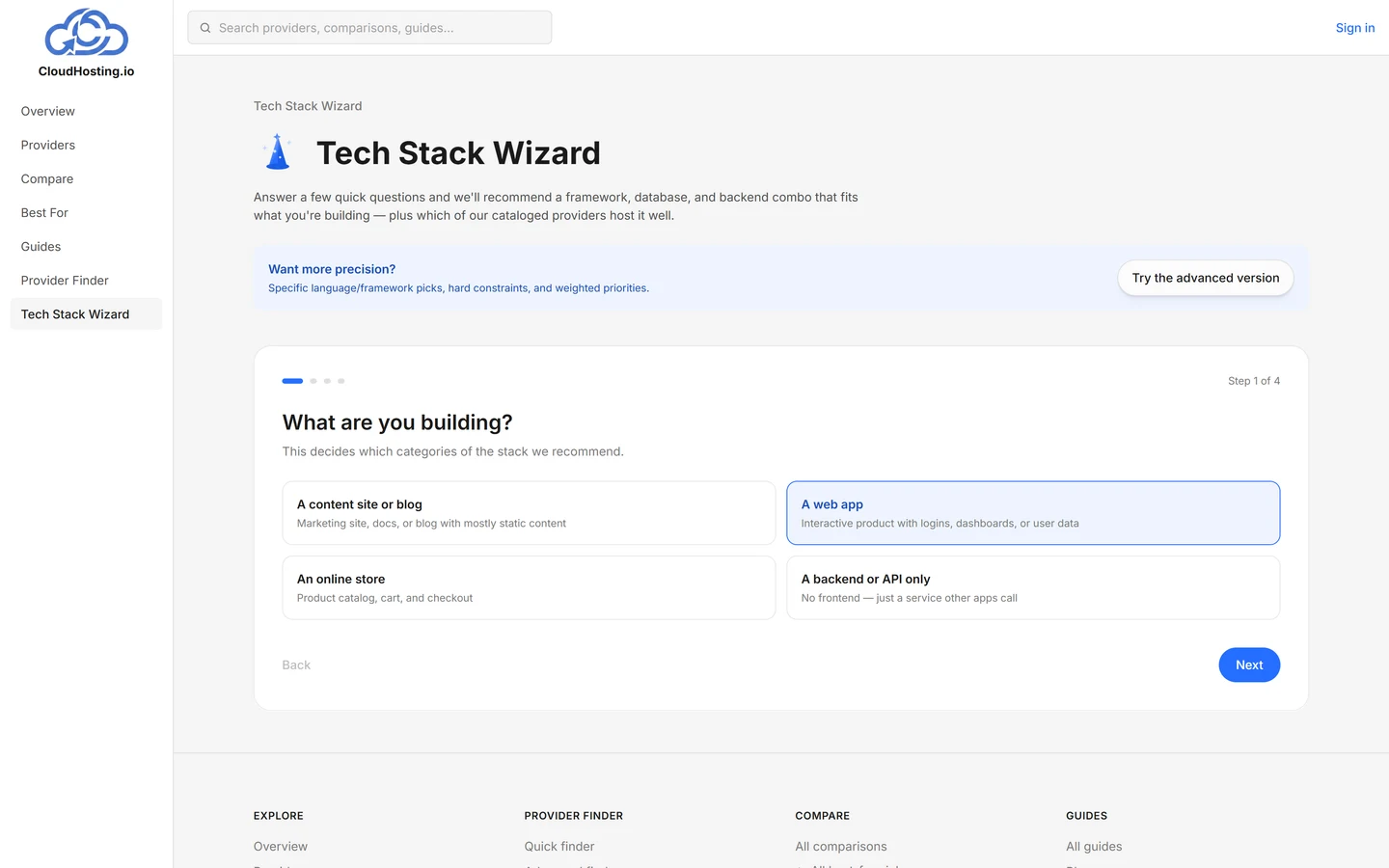 CloudHosting.io — Tech Stack Wizard